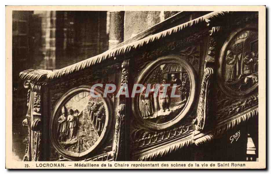 CPA Locronan Medalllons de la Chaire representent des scence de la vie de Sint Ronan