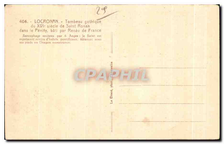 CPA Locronan Tombeau gothlque du Xve Siecle de Saint Ronan dans le Penity bati par Renee de Franc — Rückseite