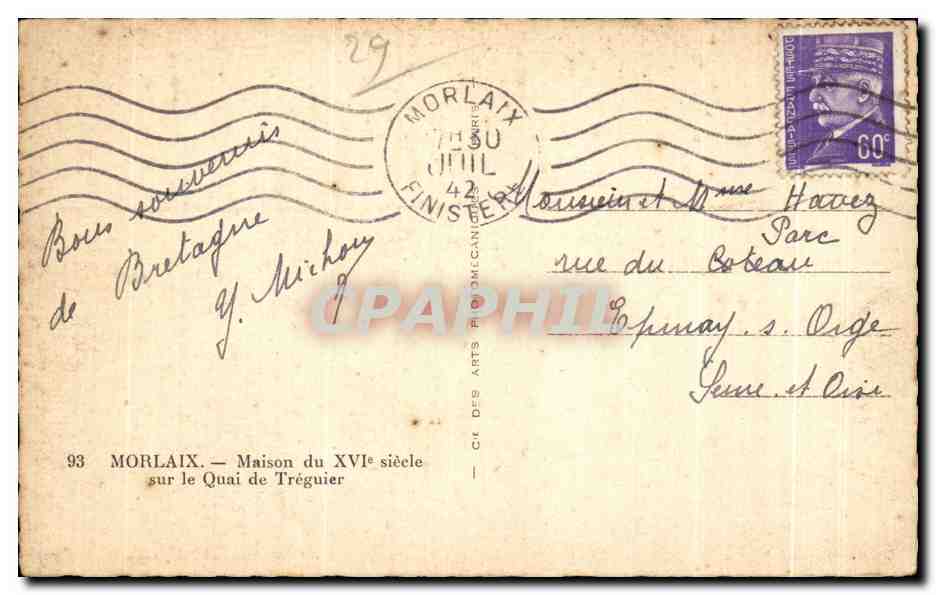 CPA Morlaix Maison du XVI siecle sur le Quai de Treguier Bateau — Rückseite