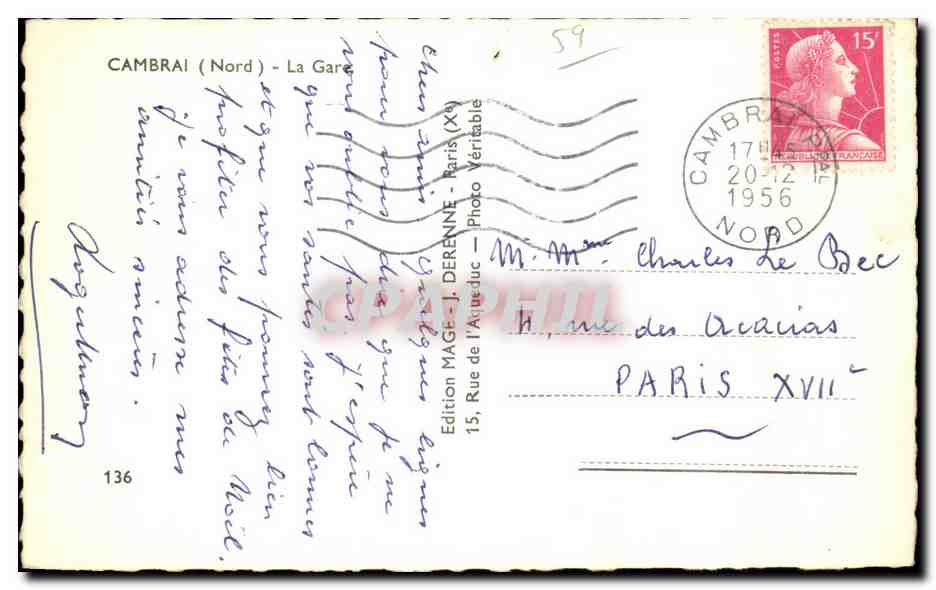 CPA Cambrai (Nord) La Gare — Rückseite