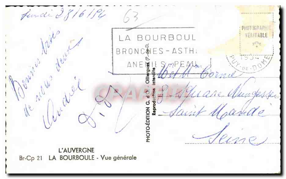 Tarjeta postal antigua L'Avverno La Bourboule Vista general — Reverso