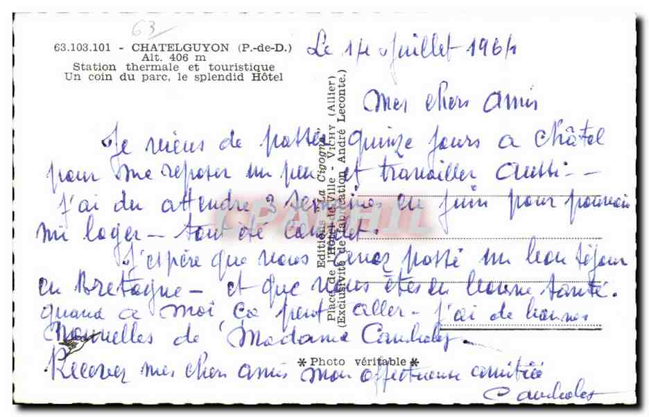 La Cigogne — Châtel-Guyon (P.-de-D.) — Éditeur La Cigogne, n° 63.103.101 — Reverso