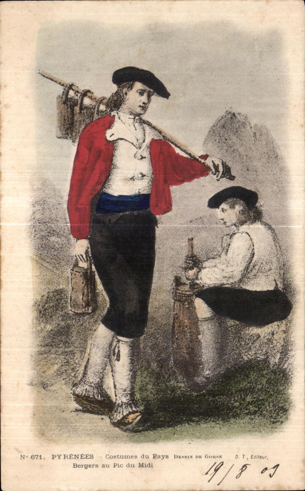 PYRÉNÉES - Bergers au Pic du Midi — Dessin de Gorse, éditeur D. T. n° 674