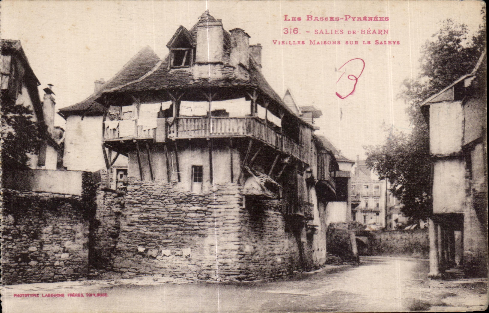 Tarjeta postal antigua Salies de Bearn Casas antiguas en la Salette