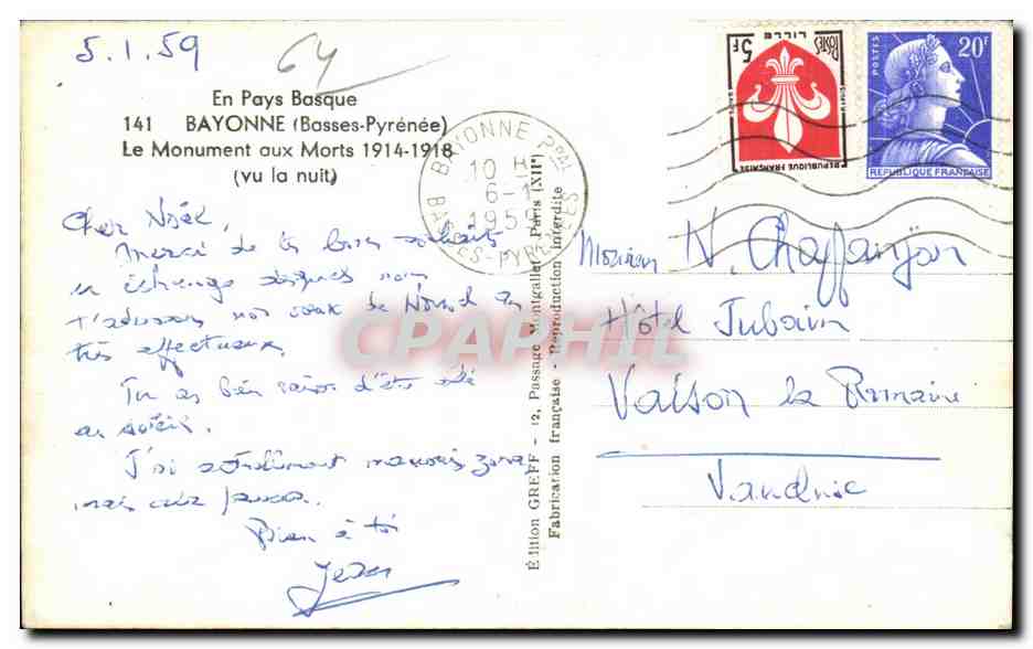 CPA Bayonne En Pays Basque Le Monument aux Morts  — Verso