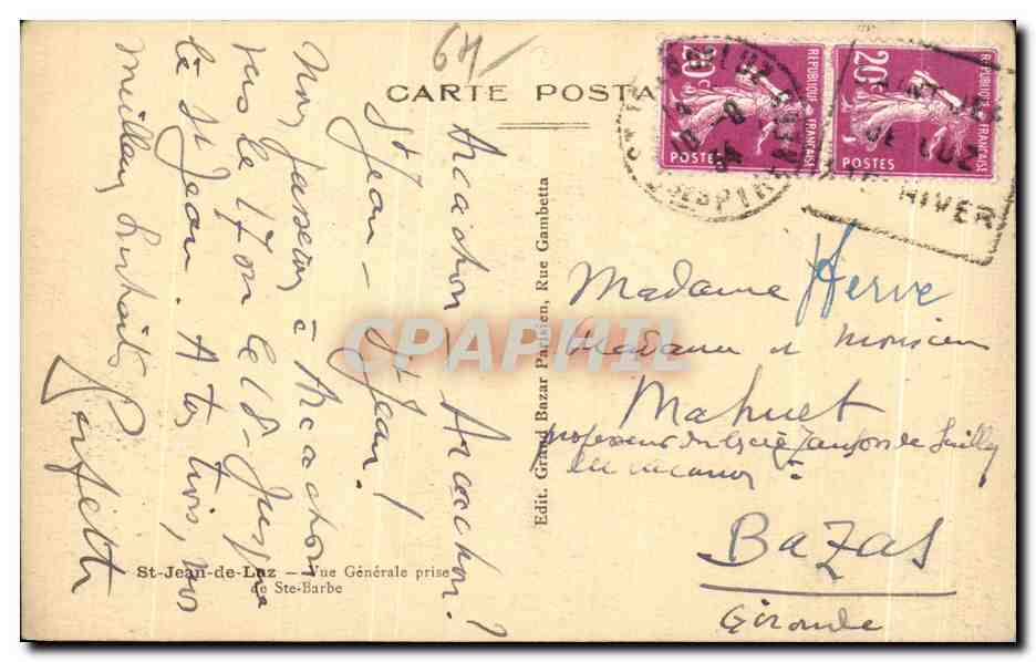 CPA St Jean de Luz Vue Generale prise de Ste Barbe — Verso
