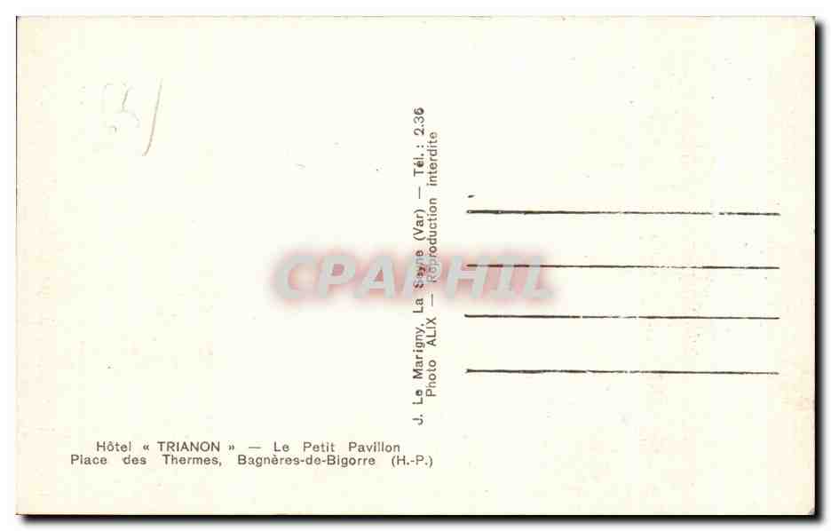 CPA Hotel Trianon Le Petit Pavillon Place des Thermes Bagneres de Bigorre — Verso