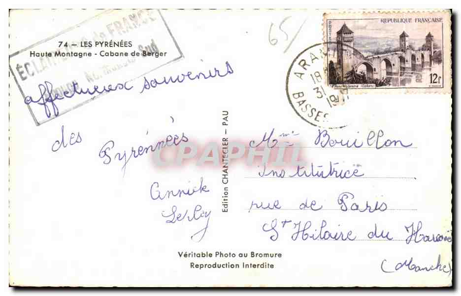Cabane de Berger — Haute Montagne — Édition Chanteclier, Pau — Rückseite