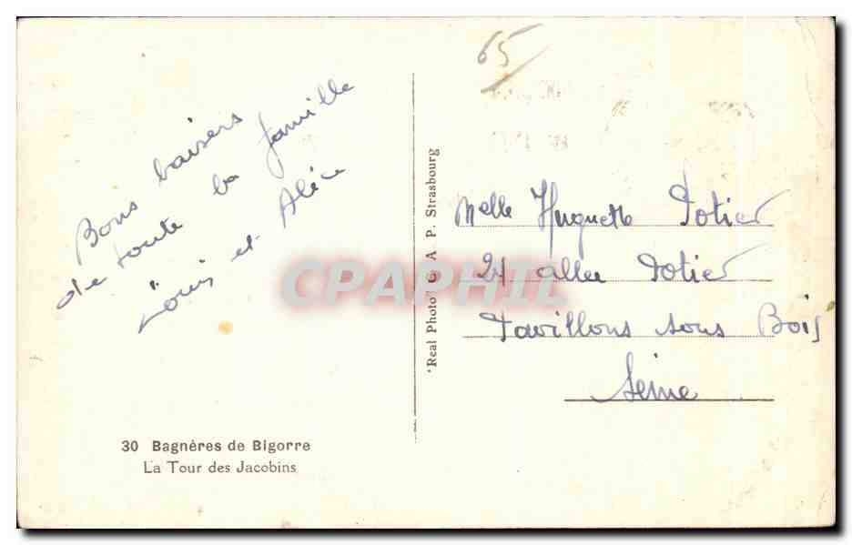 Bagnères-de-Bigorre — La Tour des Jacobins — Real Photo A. P. Strasbourg n°30 — Verso