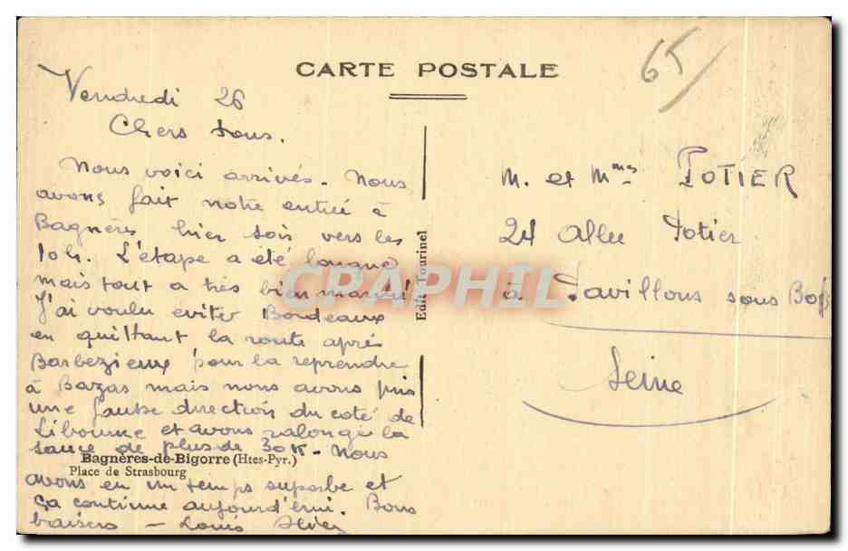 Bagnères-de-Bigorre — rue animée avec chevaux et bâtiments traditionnels — Édit. Tourinel — Verso