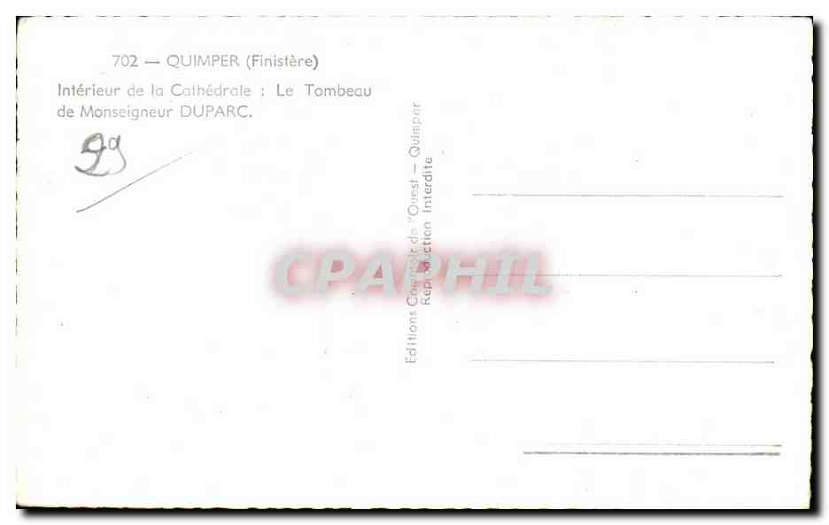 CPA Quimper (Finistere) Interieur de la Cathedrale Le Tombeau de Monseigneur Duparc — Rückseite