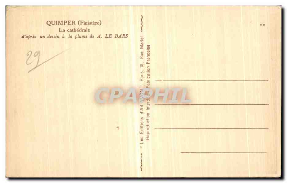 CPA Quimper (Finistere) d apres un dessin a la plume de A le Bars — Rückseite