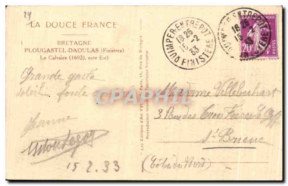 CPA Bretagne Plougastel Daoulas (Finistere) Le Calvaire cote Est — Rückseite