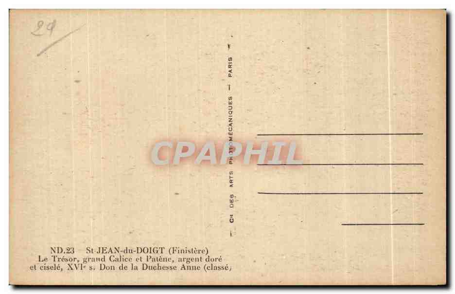 CPA St Jean du Doigt (Finistere) Le Tresor grand Calice et Patene argent dore — Rückseite