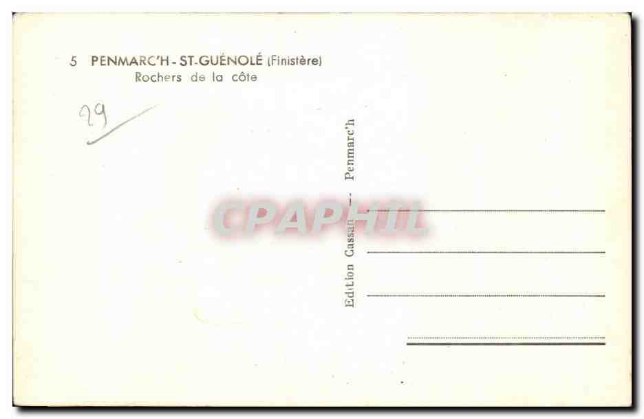 CPA Penmarch St Guenole (Finistere) Rochers de la cote — Rückseite