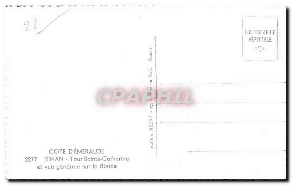 Dinan - Tour Sainte-Catherine et vue générale sur la Rance — Édition MESNY, n°2277 — Verso