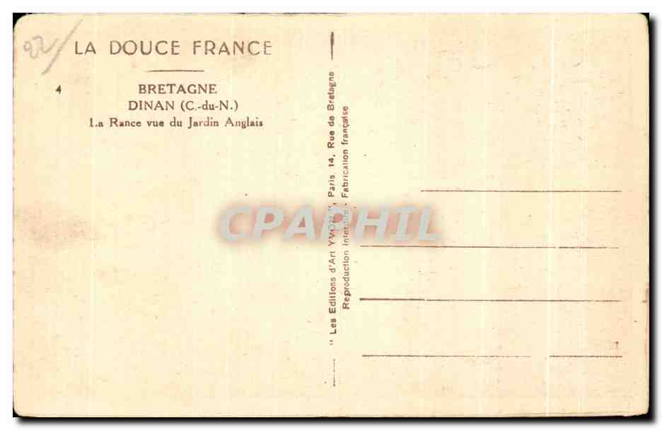 La Rance vue du Jardin Anglais — Dinan (C.-du-N.) — Éditions d'Art, Paris — Verso