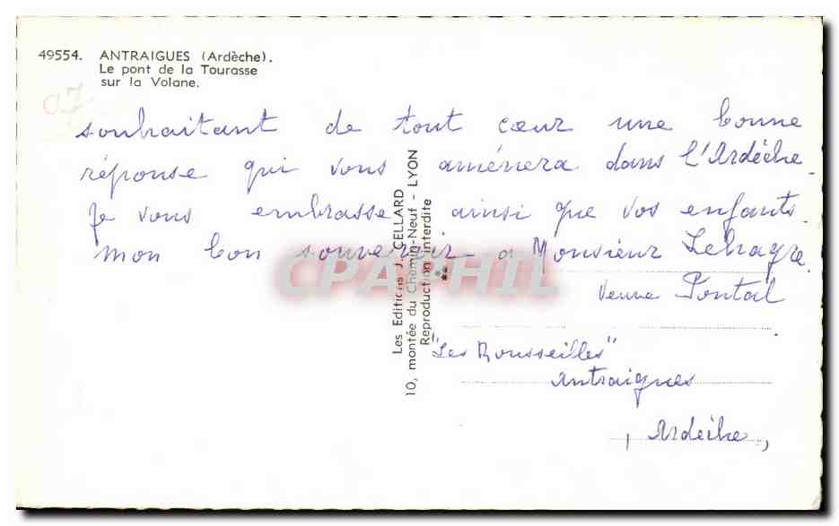 Antraigues (Ardèche) — Le pont de la Tourasse sur la Volane — Éditeur J. Cellard, n° 49554 — Rückseite