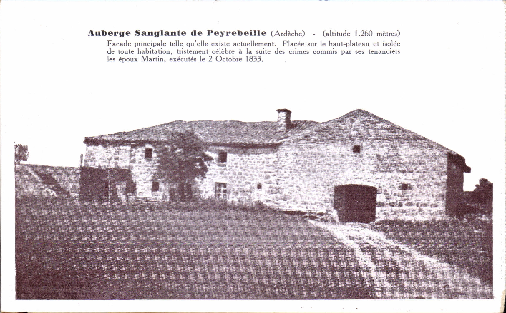 Auberge Sanglante de Peyrebeille (Ardèche) — Facade principale, altitude 1.260 mètres — éditeur Langonnière (Ardèche)