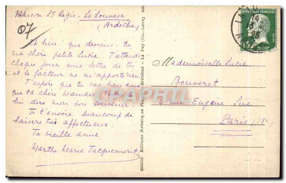 La Louvesc (Ardèche) — Beau paysage sur la ville et le Mont Besset (Cure d'air renommée) — Éditions Artisiques Marcez-Brémond — Verso