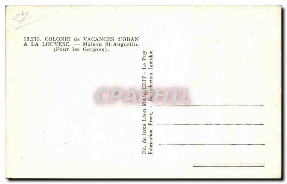 Maison St-Augustin — Colonie de vacances d'Oran à La Louvesc — Éd. Léon Margerit — Verso