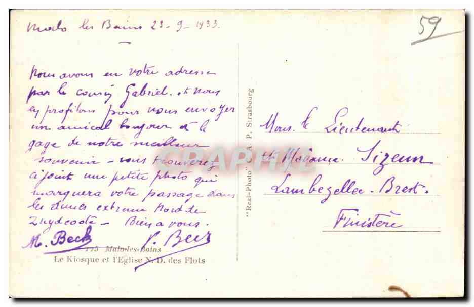 Malos les Bains — Église et kiosque — Real-Photo, C.A. P. Strasbourg — Rückseite