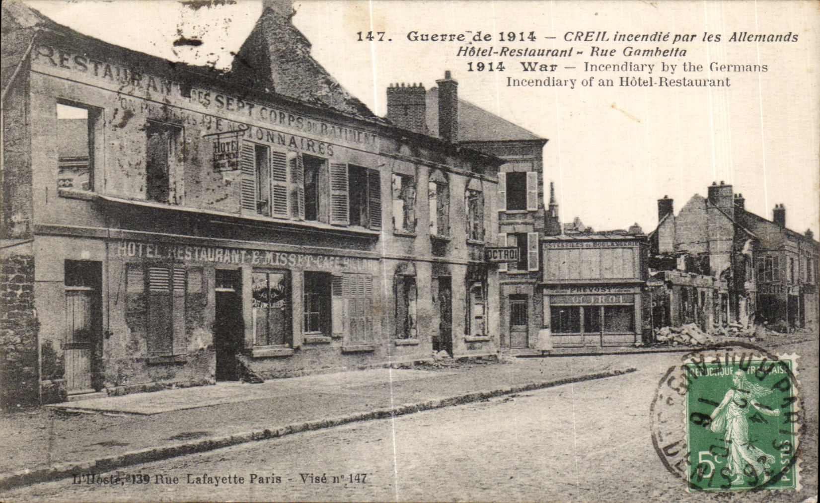 Creil — Hôtel-Restaurant incendié en 1914 — H. Hoste, Rue Lafayette, Paris, n°147