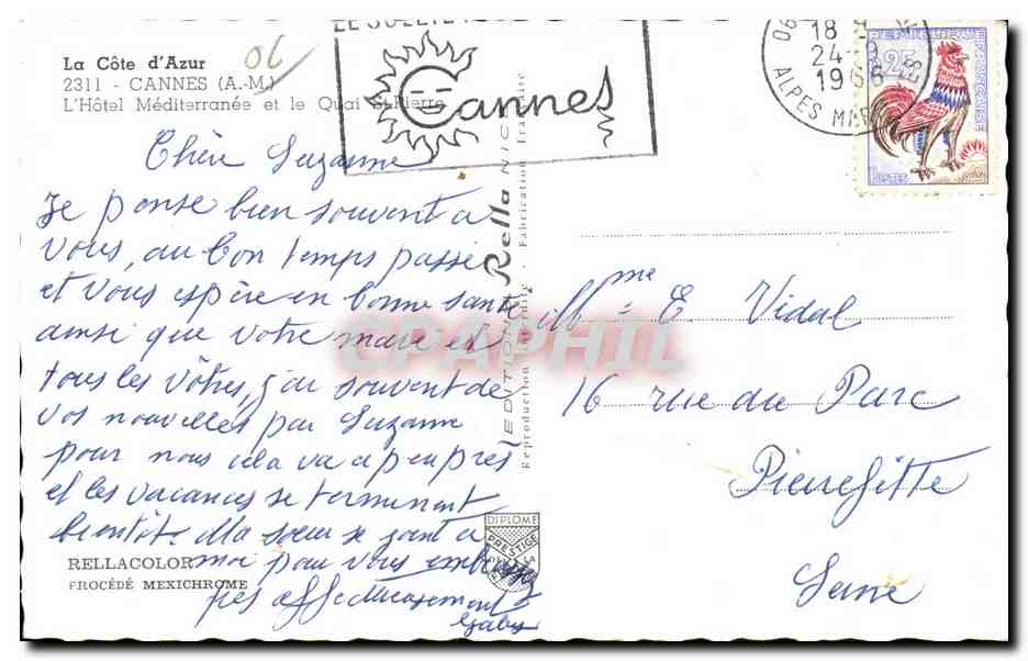 CPA La Cote d Azur Cannes L Hotel Mediterranee et le Quai St Rierre — Rückseite