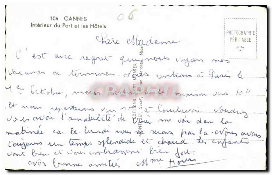 CPA Cannes Interieur du Port et les Hotels — Verso