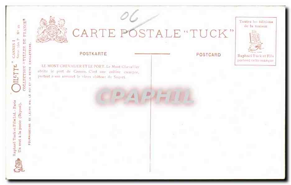 CPA Cannes Le Mont Dievallier Et Le Port Bateau — Rückseite