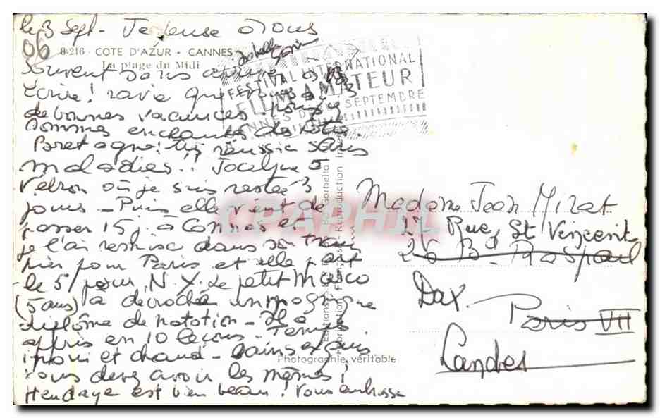 CPA Cote D Azur Cannes La plage du Midi — Verso