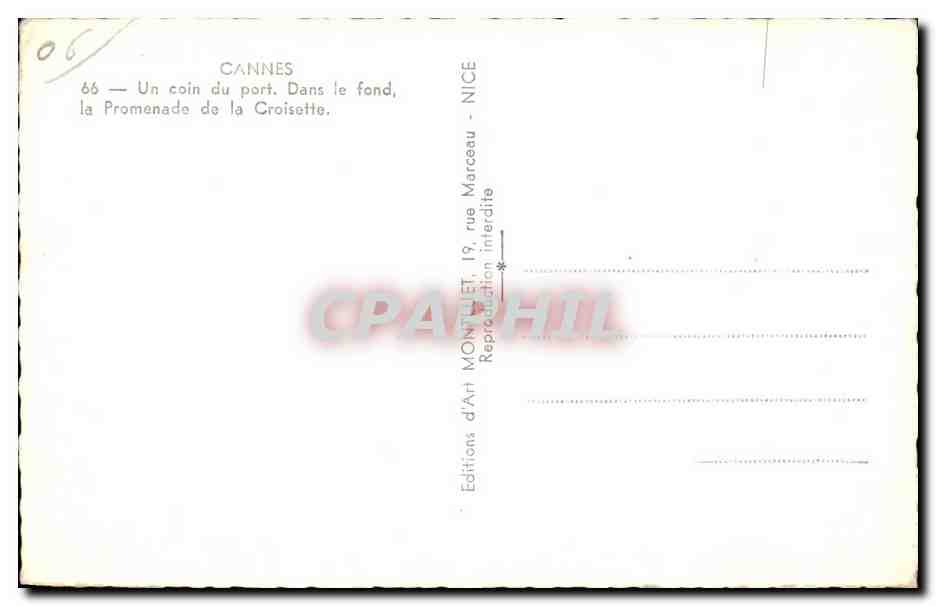 CPA Cannes Un Coin du port Dans le fond la Promenade de la Croisette Bateaux — Verso