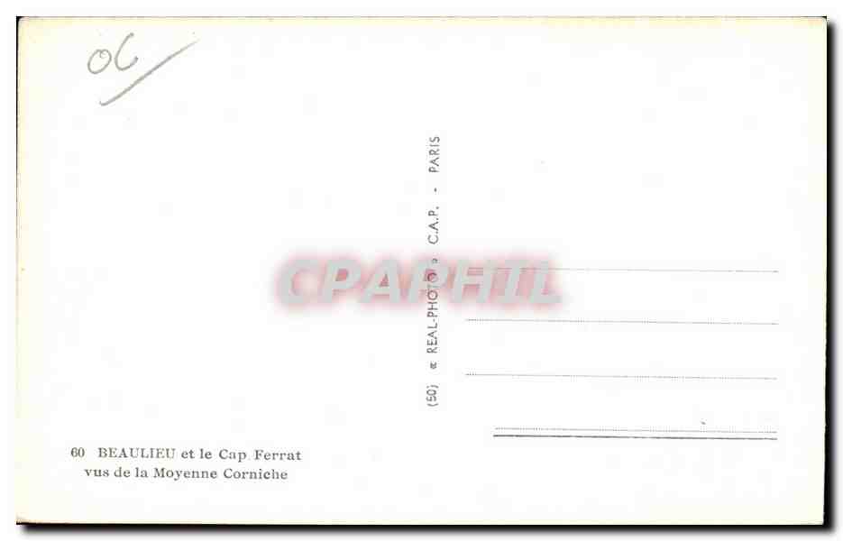 CPA Beaulieu et le Cap Ferrat vus de la Moyenne Corniche — Rückseite