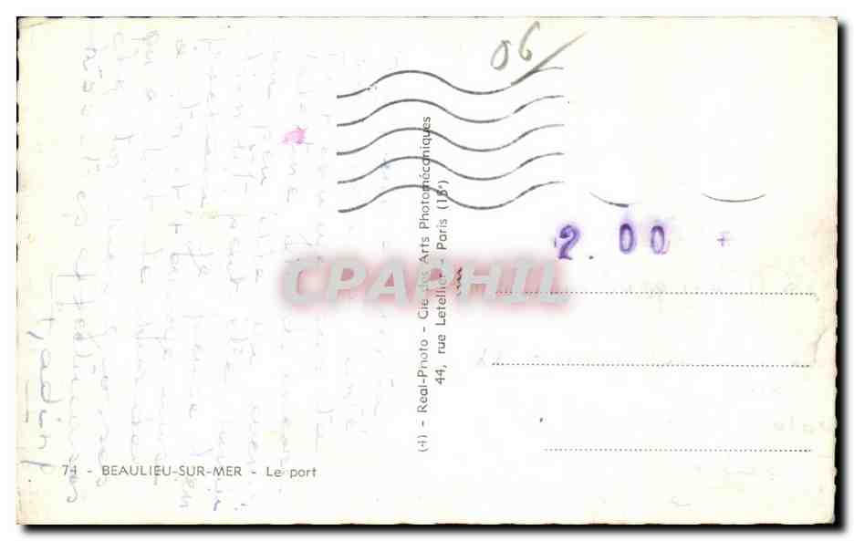 CPA Beaulieu Sur Mer Le Port Bateau — Rückseite