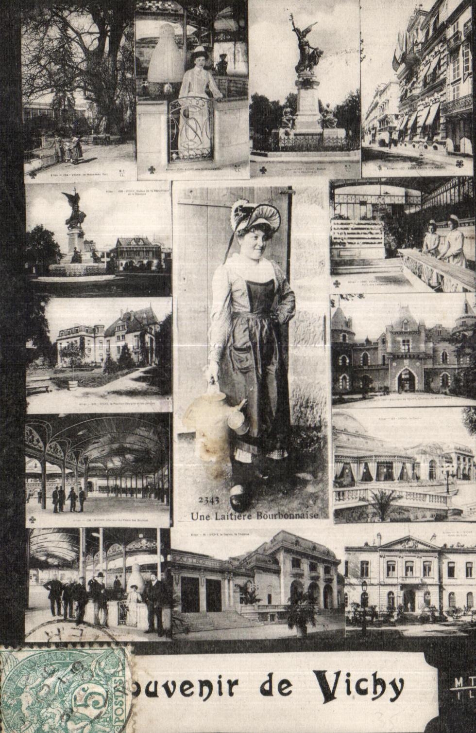 Vichy — vue panoramique et une laitière bourbonnaise — Éd. N. Thévenin, n° 2343