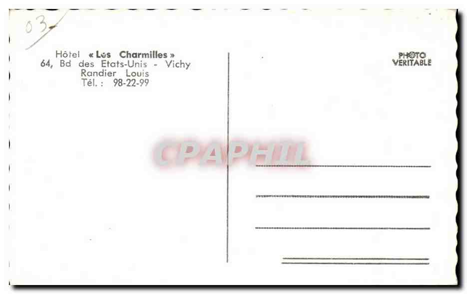 CPA Hotel Les Charmilles Bd des Etats Unis Vichy  — Verso