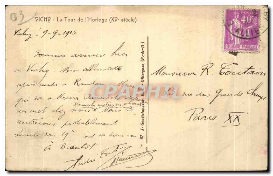 CPA Vichy La Tour de I Horloge — Verso