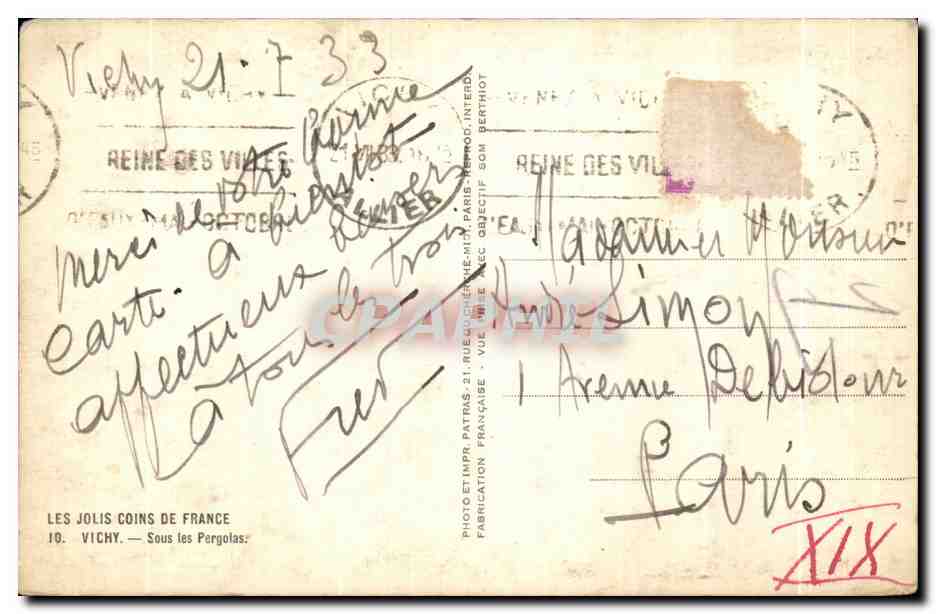 CPA Les Coins de France Vichy Sous les Pergolas — Verso