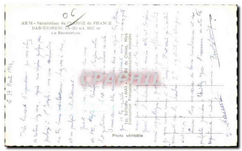 CPA Sanatorium du Clerge de France Bas Thorenc Le Sanatorium — Rückseite