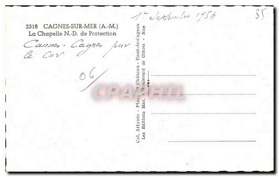 CPA Cagnes Sur Mer La Chapelle de Protection — Rückseite