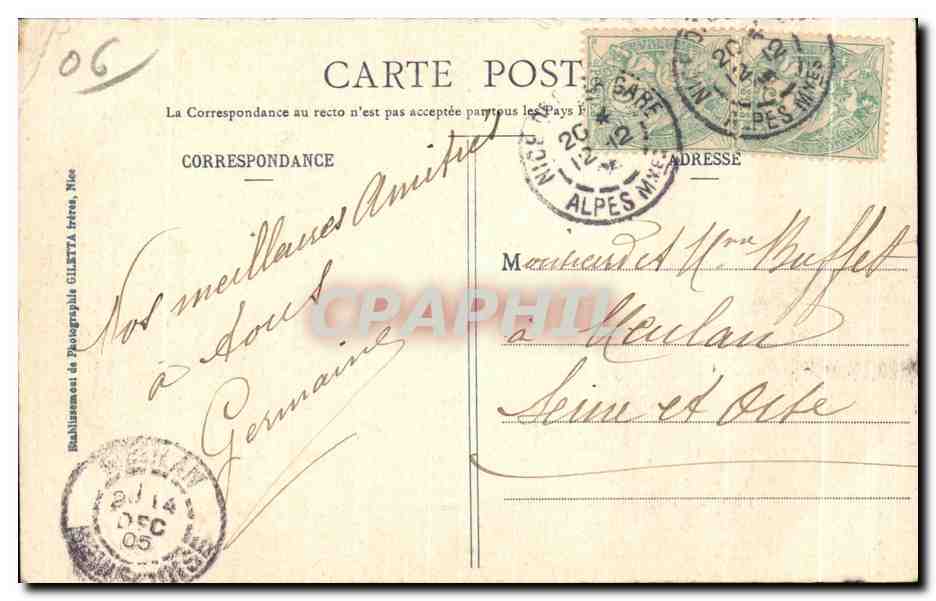 Antike Ansichtskarte Cap Ferrat und Saint Hospice (Umgebung von Nice) — Rückseite