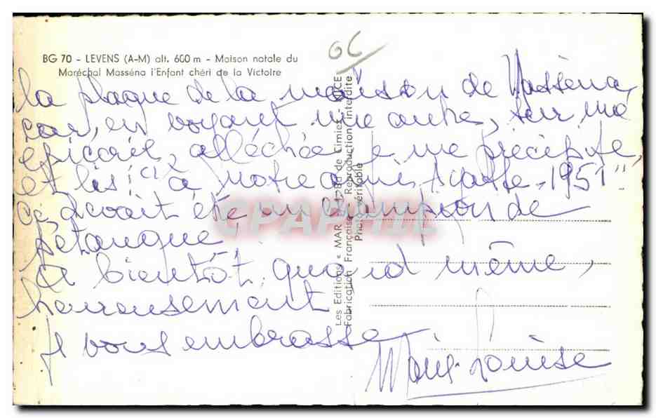 CPA Levens Maison natale du Marechal Massena I Enfant Cheri de la Victoire — Rückseite