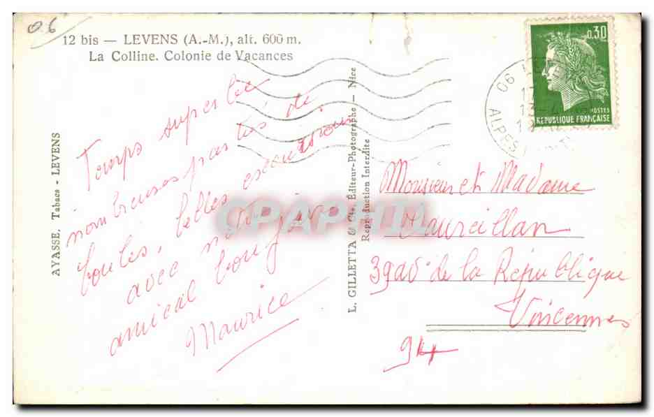 CPA Levens La Colline Colonie de Vacances — Verso