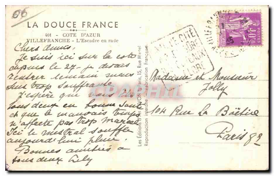 CPA Cote D Azur Villefranche L Escadre en rade Bateaux  — Rückseite