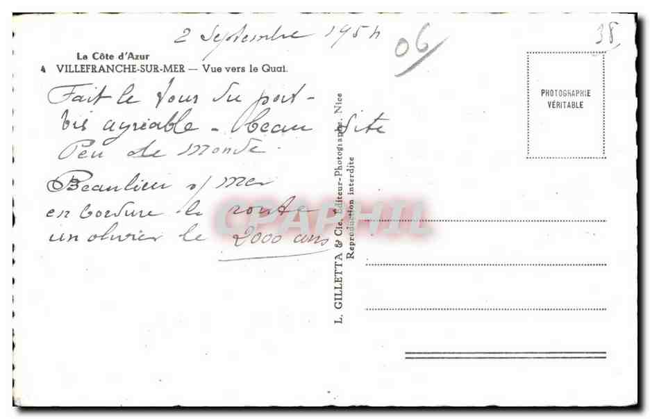 Villefranche-sur-Mer — Vue vers le Gual — L. Gilletta & Cie, éditeur — Verso