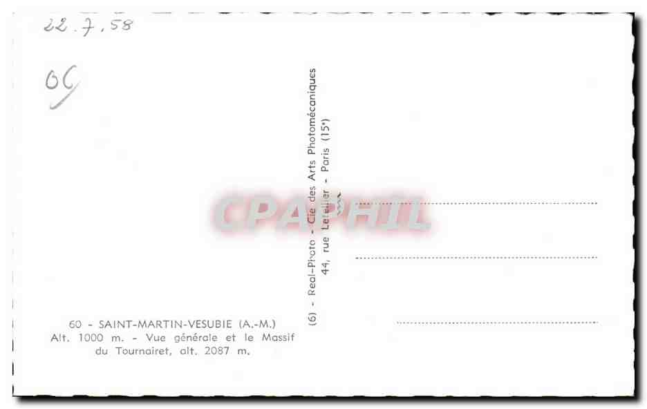 CPA Saint Martin Vesubie Vue generale et le Massif du Tournairet  — Rückseite