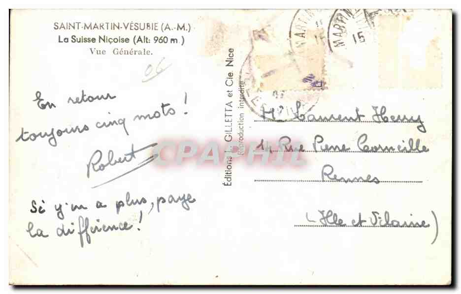 CPA Saint Martin Vesubie La Suisse Nicoise Vue generale — Rückseite