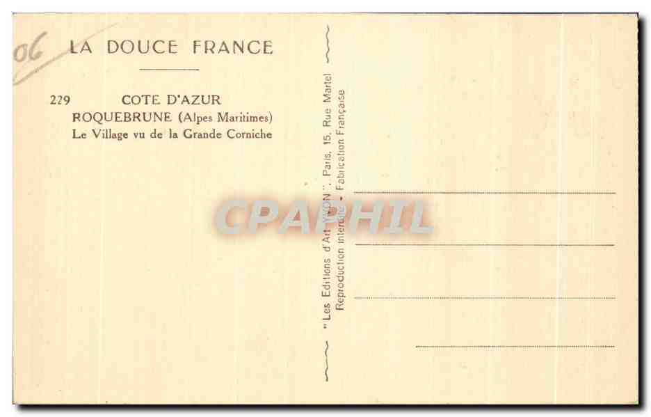 CPA Roquebune Vue de la Grande Corniche — Rückseite