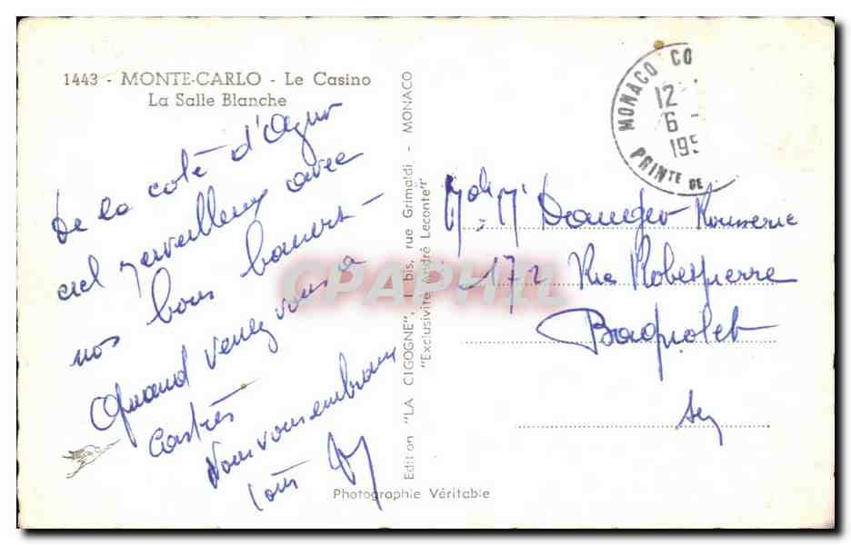 CPA Monte Carlo Le Casino La Salle Blanche — Rückseite