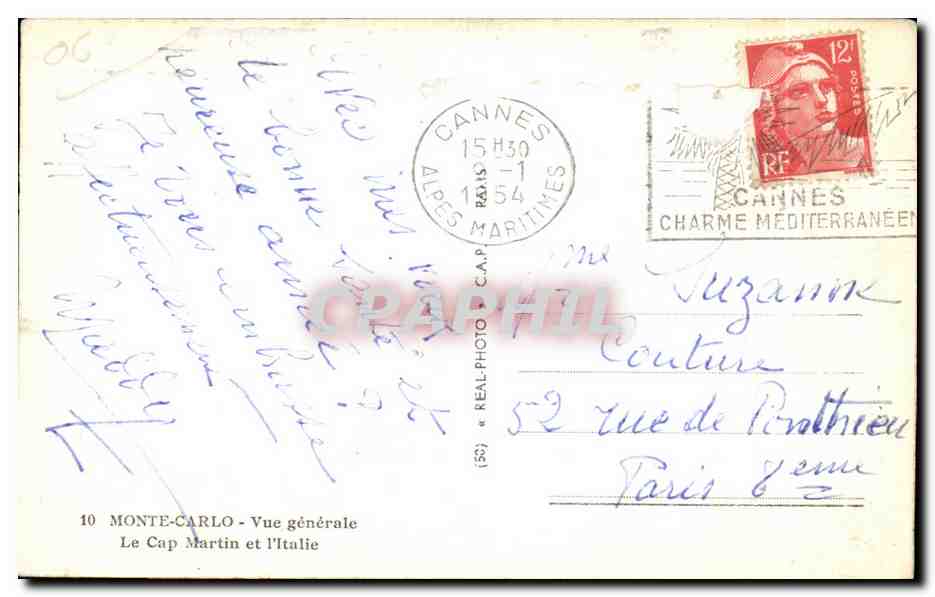 CPA Monte Carlo Vue generale le cap Martin et I Italie — Verso
